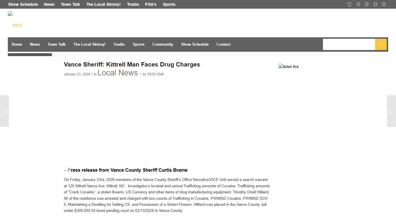 Vance Sheriff: Kittrell Man Faces Drug Charges - WIZS