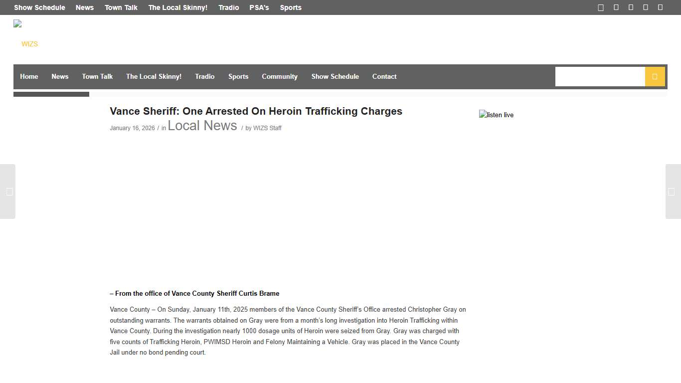 Vance Sheriff: One Arrested On Heroin Trafficking Charges - WIZS