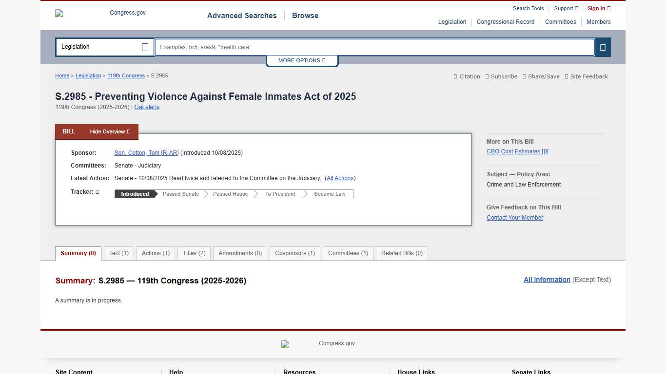 S.2985 - 119th Congress (2025-2026): Preventing Violence Against Female Inmates Act of 2025 Congress.gov Library of Congress