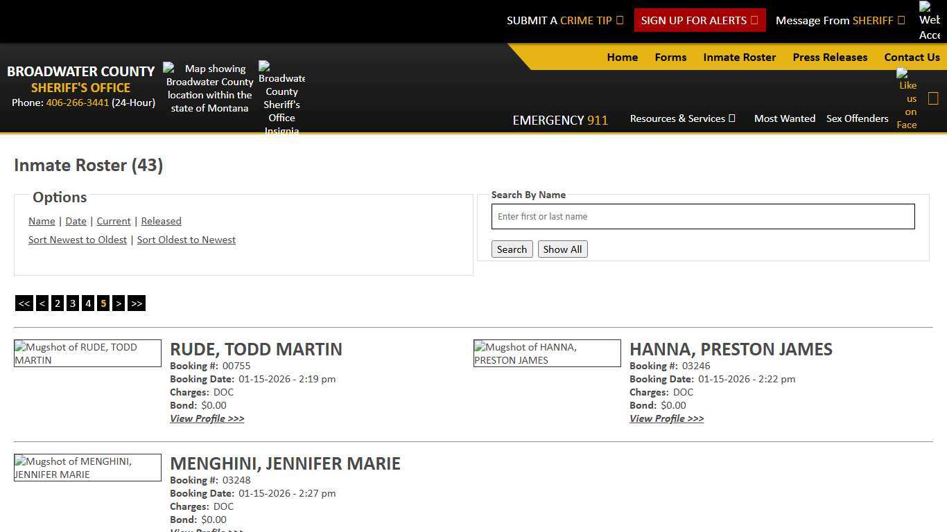 Inmate Roster - Page 5 Current Inmates Booking Date Ascending - Broadwater County Sheriff
